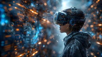 Futuristic virtual reality technology background, 3d render visualization of remote viewing with advanced VR headset, holographic display of data stream, design of digital web network communication.