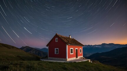 A small red cabin sits in a grassy field under a night sky full of stars. - Powered by Adobe