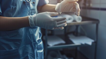 Fototapeta premium Closeup hands of American doctor preparing for surgery and wearing hand gloves at health clinic or hospital office.