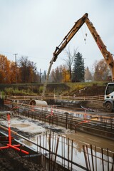 Naklejka premium A concrete pump truck delivering a steady stream of concrete to fill bridge forms, Generative AI