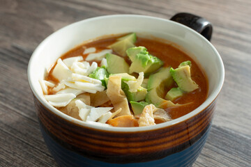 A view of chicken tortilla soup.