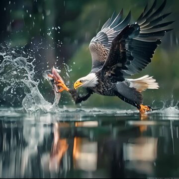 Eagles catch fish on the surface of the water