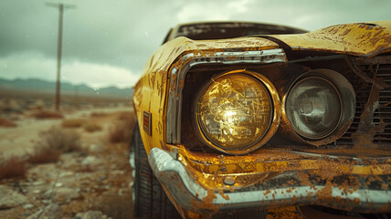 an out-of-control yellow car's Headlight.high shutter speed generative ai