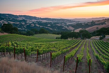 Fototapeta premium Vineyard Landscape at Sunset, With The Sky Painted in Hues of Orange And Pink, Casting a Warm Glow Over The Rolling Hills And Rows of Grapevines, Generative AI