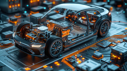 Fototapeta premium isometric diagram of a cutaway modern EV car showing all the components,generative ai
