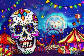 Cartoon cute doodles of a carnival skull with carnival rides and circus tents in the background, Generative AI