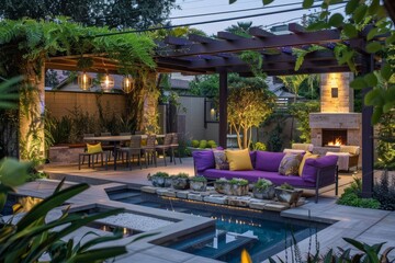 Obraz premium A modern outdoor living area with an unlit pool and purple and yellow couches under the shade of a wooden arbor in front of a dining table surrounded by chairs.