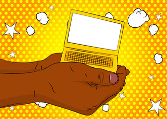 Cartoon, comic book human hands holding Laptop. Retro vector comics pop art design.