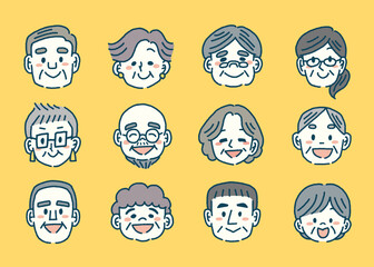 様々なお年寄りの顔のシンプルなイラストセット