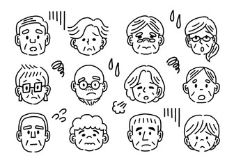 落ち込む高齢者の顔のモノクロのイラストセット