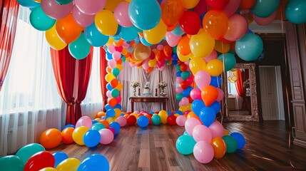 Festive Birthday Party Photo Zone with Colorful Balloons and Decorations