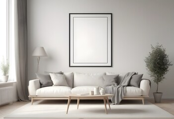 Photorealistic Frame Mockup ISO A paper size frame with a living room wall poster in a modern, white-walled interior design. 3D rendering