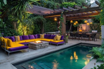 A modern outdoor living area with an unlit pool and purple and yellow couches under the shade of a wooden arbor in front of a dining table surrounded by chairs.