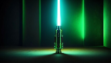 A green lightsaber is shown vertically in the center of the image, with a dark background 