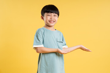 Portrait of adorable asian boy posing on yellow background