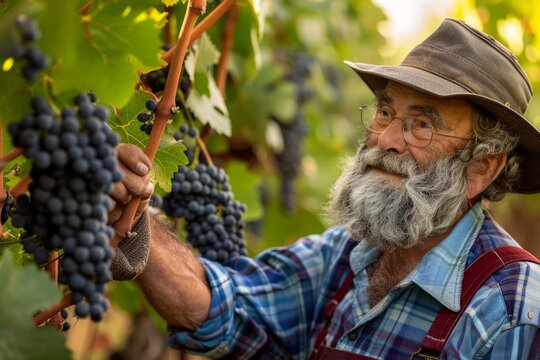 Vineyard Owner Inspecting Ripe Grapes on The Vine, With a Sense of Pride and Anticipation For The Upcoming Harvest, Generative AI