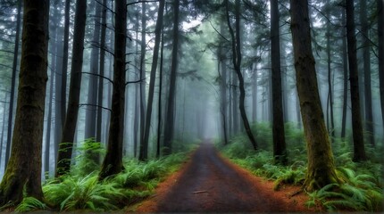 A photo of Misty Forest Path through a dark and misty forest.