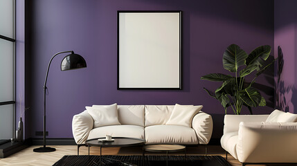 Frame mockup. The Violet wall tone symbolizes the color of passionate and unconditional love. Luxurious and elegant living room layout. Generative AI