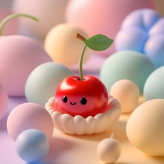 Obraz premium A cute red color cherry food 3d render illustration on pastel background. Sweet Cherry food icon. Kids food