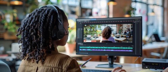 A student using Adobe Premiere Pro to edit a documentary film