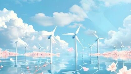 Free vector wind turbines on cloudy blue sky background
