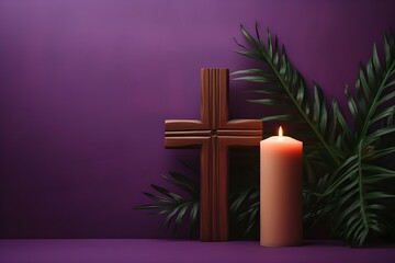 Wooden cross candle and palm leaves on purple background
