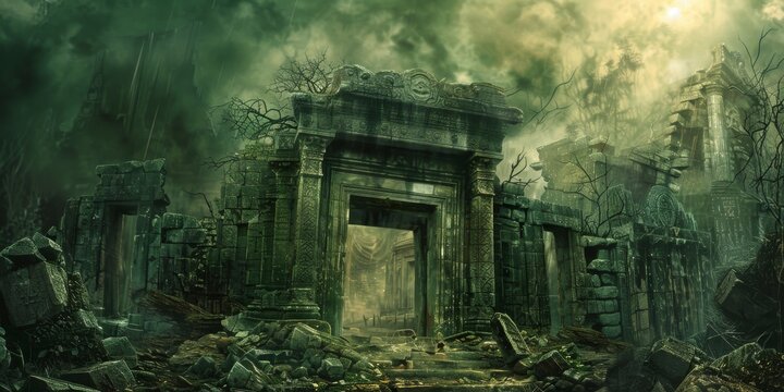 Sudden scare, palpable dread, focus on, mystery theme, whimsical, manipulation, ancient ruins backdrop