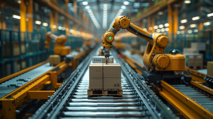 Control unit directs robotic arms in a logistics setting, orchestrating product placement on conveyor belts.generative ai