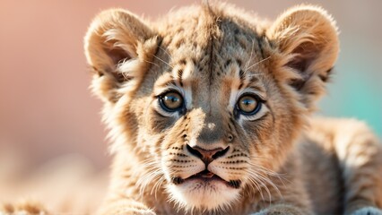 Obraz premium cute baby lion on bright pastel color background from Generative AI