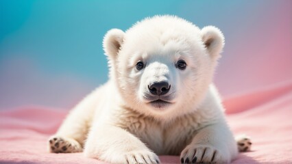 cute baby polar bear on bright pastel color background from Generative AI