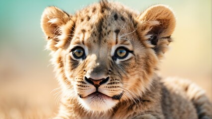 Obraz premium cute baby lion on bright pastel color background from Generative AI