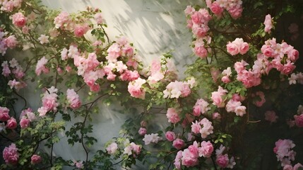 There is a rose bush with pink flowers growing next to a window generative ai
