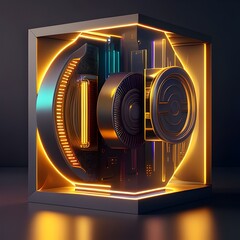 Sleek and Minimalist 3D Rendered Digital Currency Exchange Platform with Abstract Geometric Shapes and Metallic Interface Elements