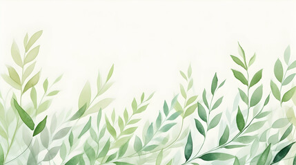 Fototapeta premium Green twigs on beige background, watercolor abstract card or banner with copy space