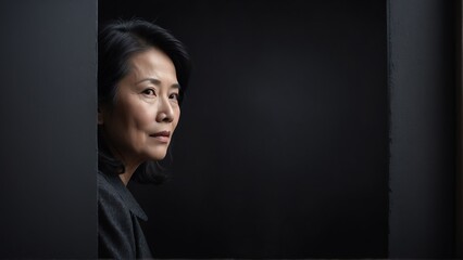 middleaged asian woman peeking on a wall on plain black background from Generative AI