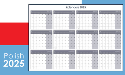 Grid calendar for 2025 in Polish. Annual organizer with copy blank space.