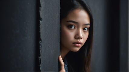 young filipina woman peeking on a wall on plain black background from Generative AI