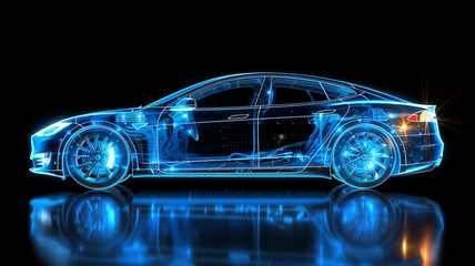 Blue hologram ordinary car, car structure, side view, black background,generative ai