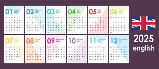 Calendar 2025. Geometric colorful figures, background. Pocket cards. Wall, office calender.