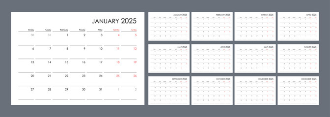 Planner calendar for 2025. Wall organizer, yearly template. Set of 12 months in English. 