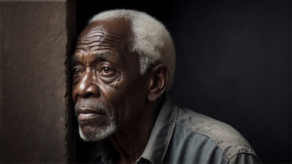 elderly african man peeking on a wall on plain black background from Generative AI