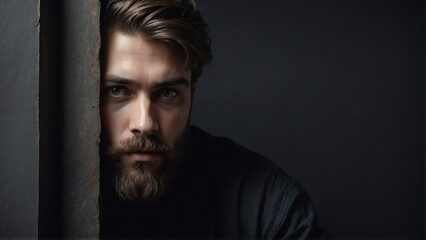 Fototapeta premium young bearded man peeking on a wall on plain black background from Generative AI