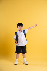 Fototapeta na wymiar Portrait of adorable asian boy posing on yellow background