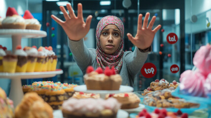 No Sugar! Hijabi Woman Refusing Sugary Foods like Candy and Chocolate, Illustrating Conscious Diet Commitment