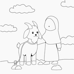 coloring page muslim women and goats for kids