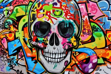 Cartoon cute doodles of a graffiti skull covered in vibrant street art and graffiti tags, Generative AI