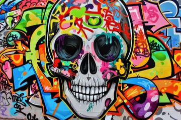 Obraz premium Cartoon cute doodles of a graffiti skull covered in vibrant street art and graffiti tags, Generative AI
