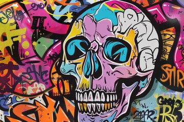 Cartoon cute doodles of a graffiti skull covered in vibrant street art and graffiti tags, Generative AI