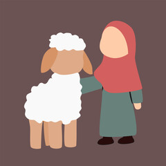 cartoon of muslimah character and a sheep for eid al adha