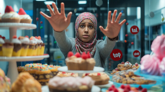 No Sugar! Hijabi Woman Refusing Sugary Foods like Candy and Chocolate, Illustrating Conscious Diet Commitment